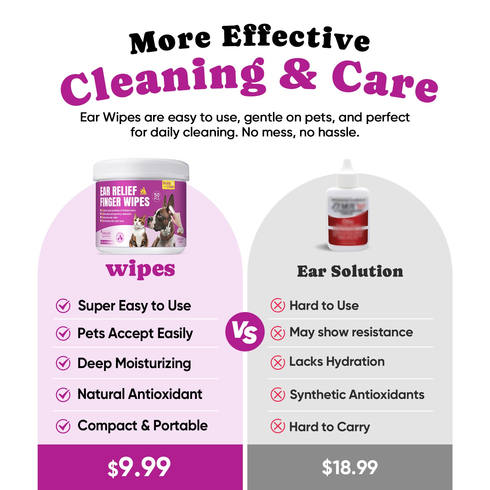 Pet Ear Cleaning Finger Wipes for Dogs & Cats - 50 pcs