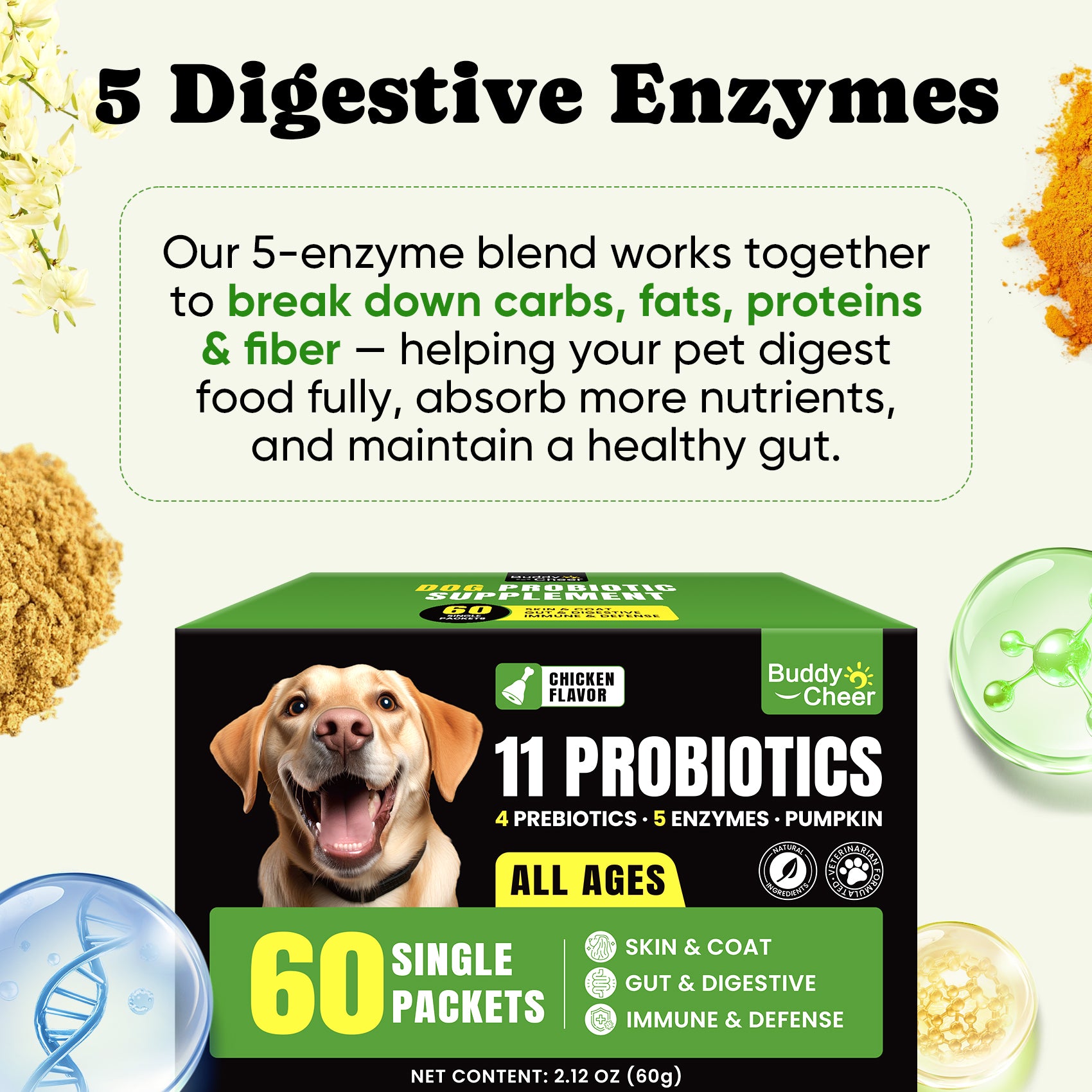 Dog Probiotics Powder with 11 Strains, 4 Prebiotics & 5 Enzymes - 60 Single Packets