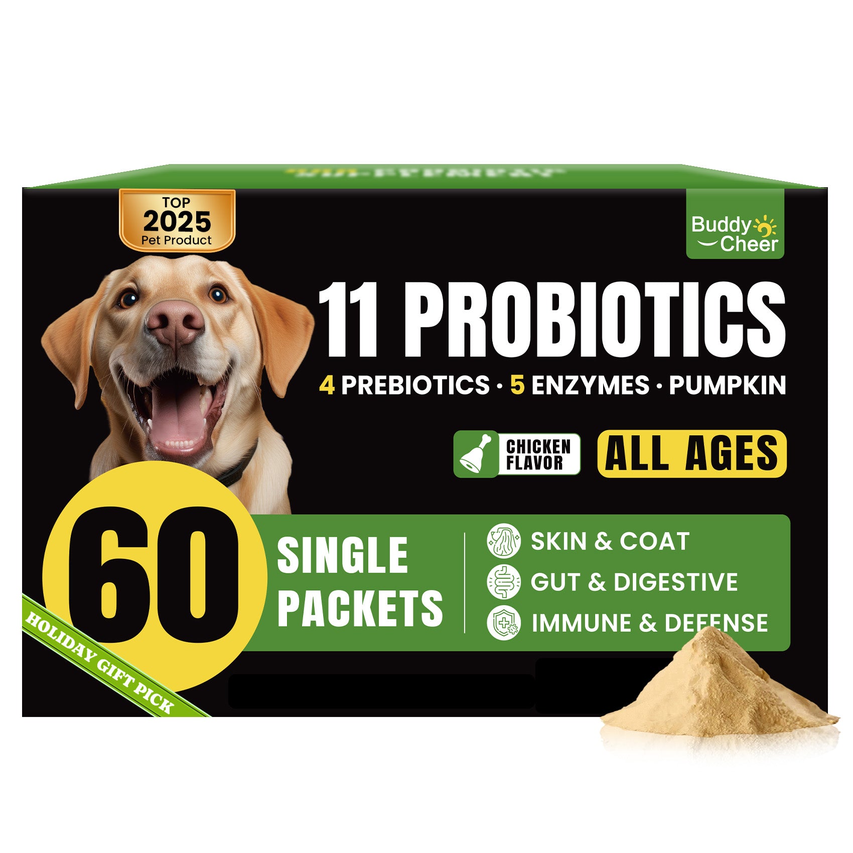 Dog Probiotics Powder with 11 Strains, 4 Prebiotics & 5 Enzymes - 60 Single Packets