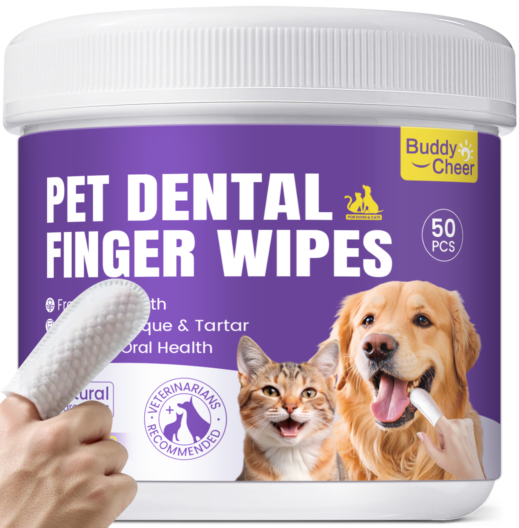 BuddyCheer No‑Rinse Dental Wipes 50 Ct for Dogs and Cats Oral Care, Plaque Removal, Fresh Breath
